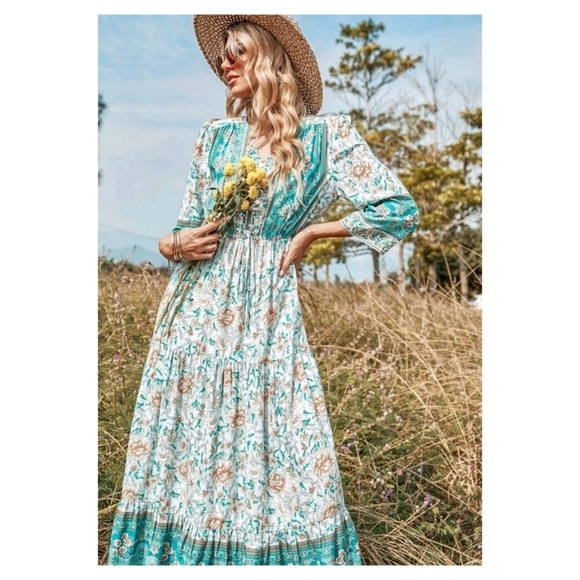 Aqua Floral Print Cottagecore Size 6 - Picture 3 of 9